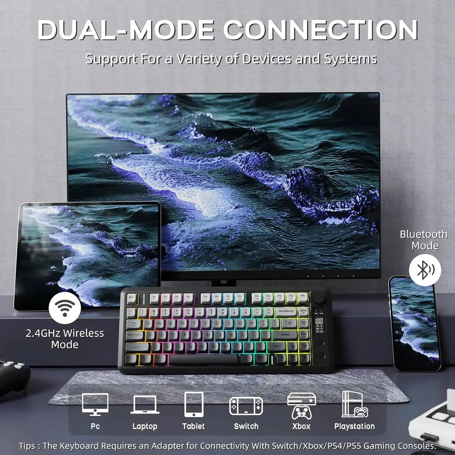 ATTACK SHARK M75 wireless membrane gaming keyboard with knob, OLED display, Bluetooth/2.4G dual-mode, rainbow PBT keycaps