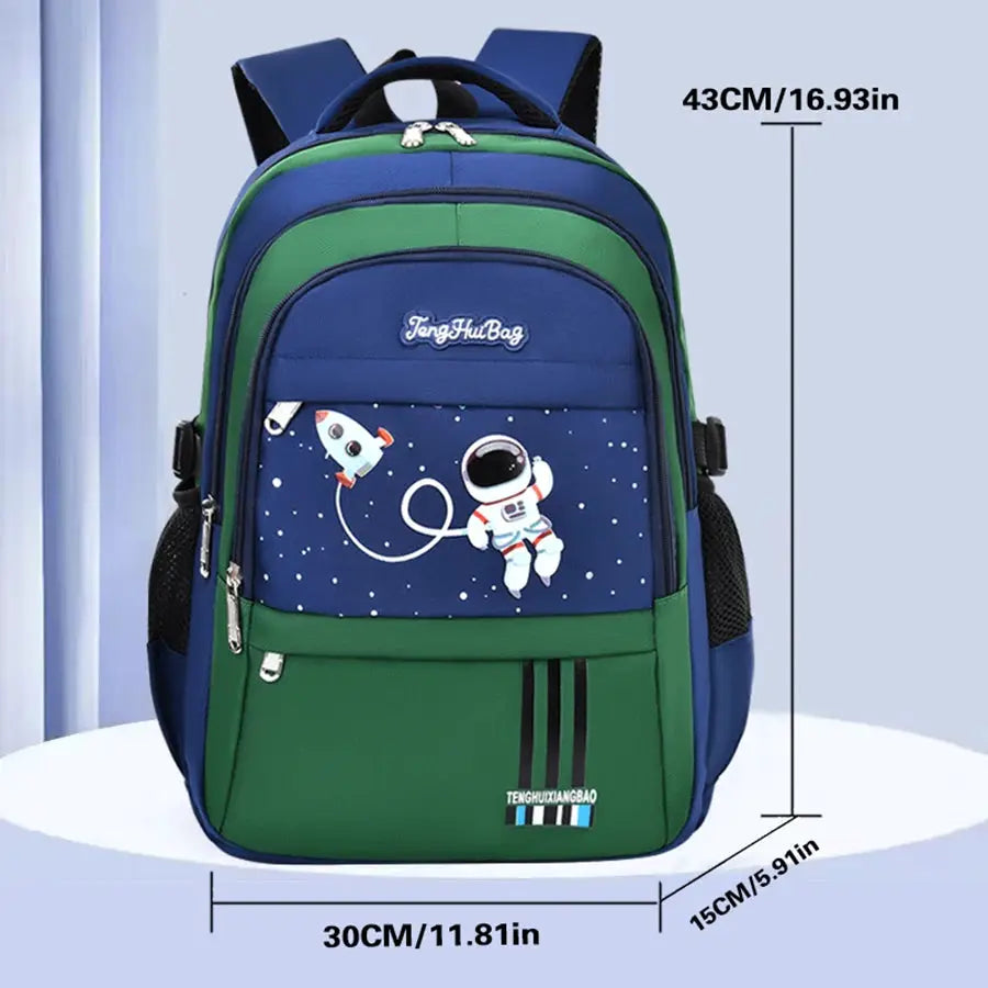 Simples Market TengHuBag astronaut school backpack for boys; blue-green with space graphic and TengHuBag logo.
