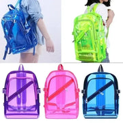 Simples Market transparent PVC backpacks; set of 5 mini clear school bags in blue, lime green, purple, pink, navy.