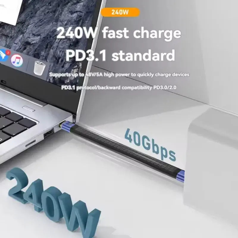 USB4 Short USB C Cable 40Gbps 240W PD Fast Charging Thunderbolt 4 and 3 Compatible Flat Cable for Laptop Phone Tablet