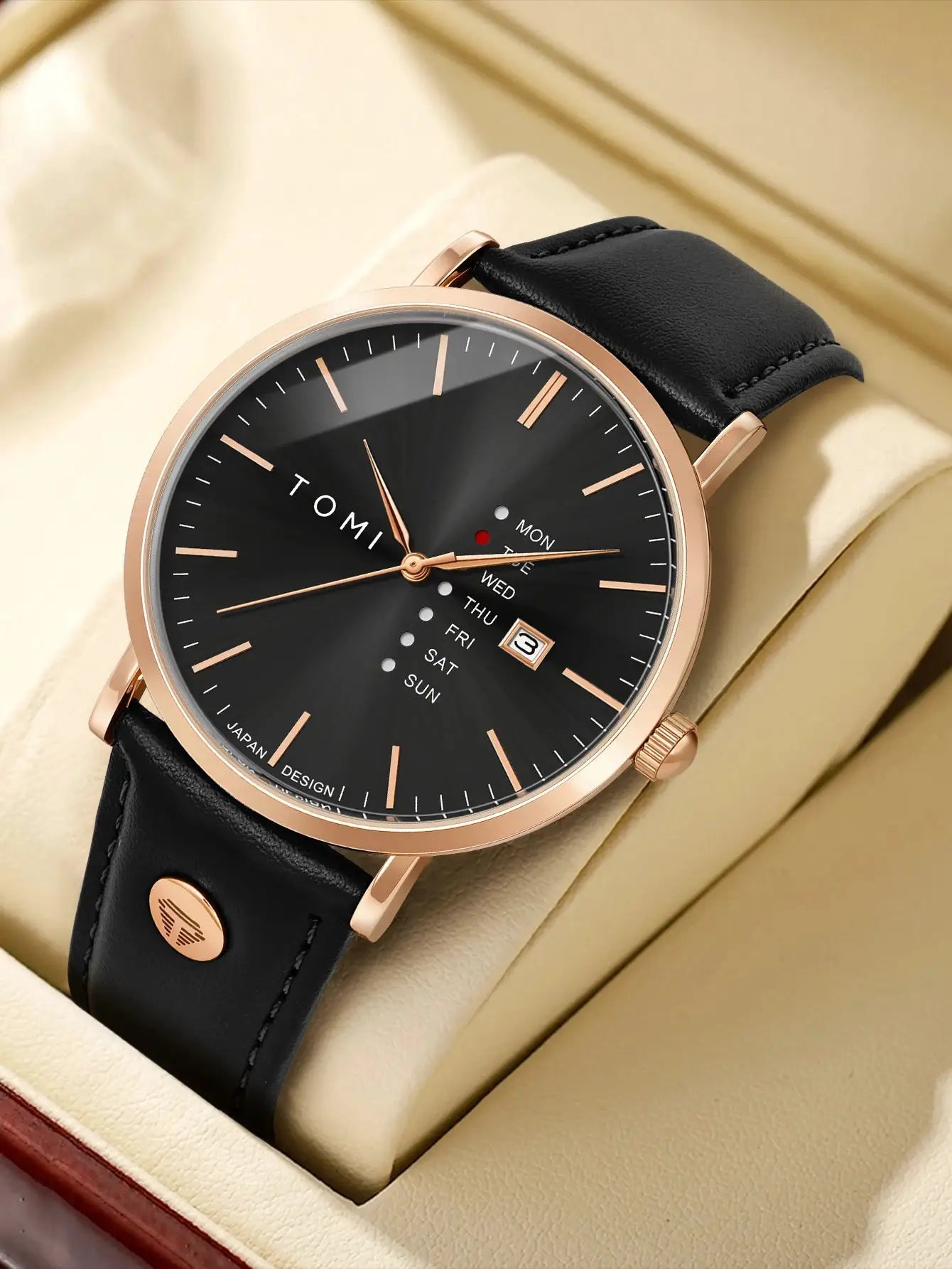 TOMI Trendy men's watch with rose-gold case, black leather strap and weekday calendar
