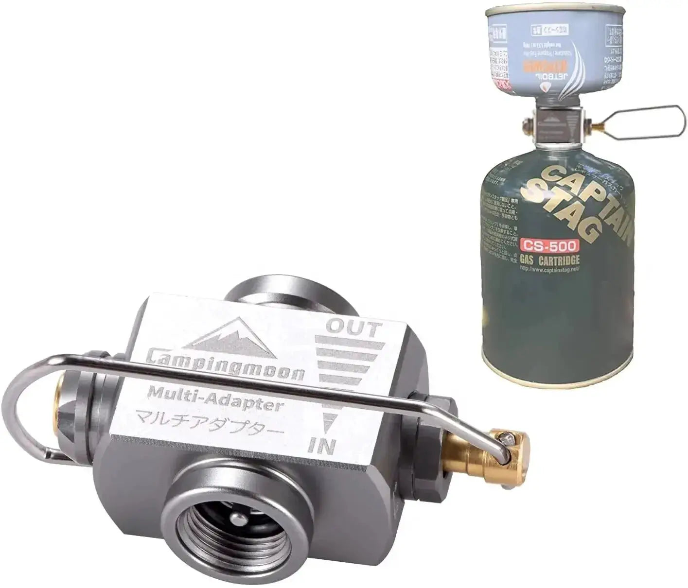 CampingMoon Z15 gas-tank multi-adapter with pressure-relief valve; two-piece gray metal kit with brass fittings