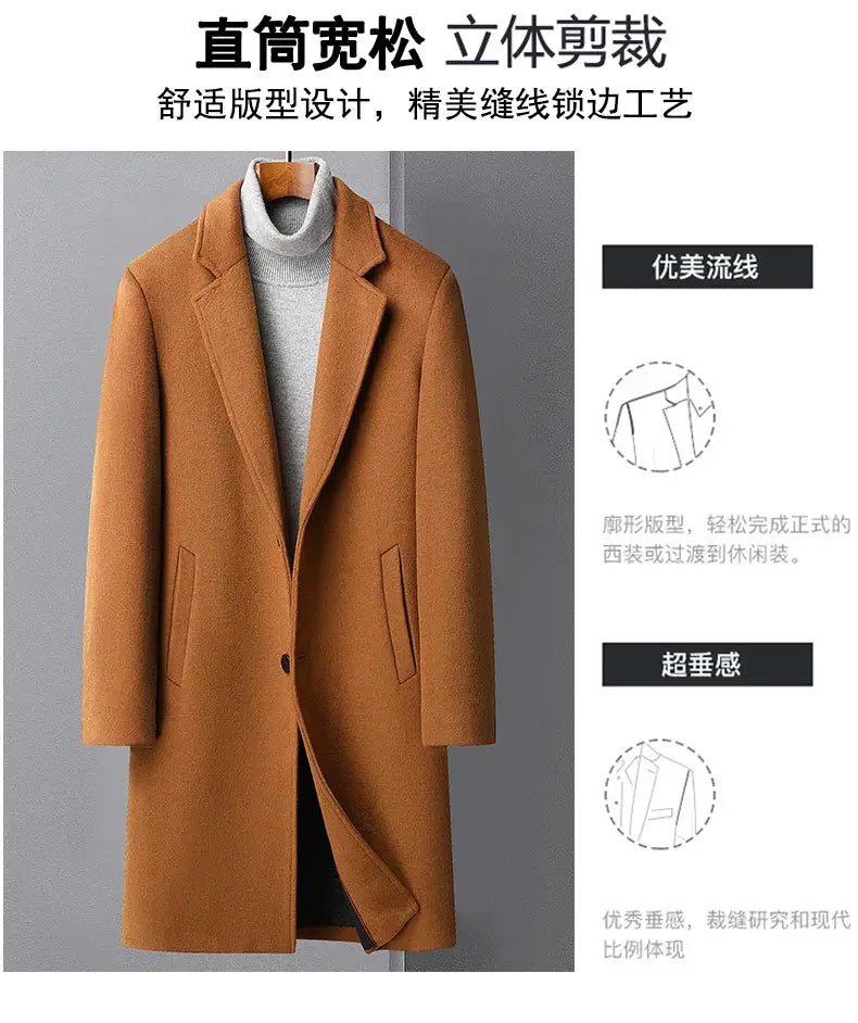 Camel brown men's wool long coat with notch lapels and front pockets, displayed over a gray turtleneck.
