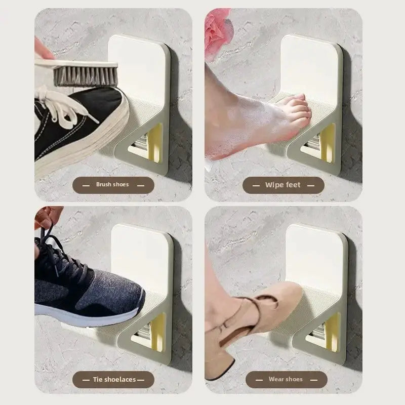 Simples Market four-panel wall-mounted footstool in cream with built-in brush and wipe for shoe cleaning and foot care