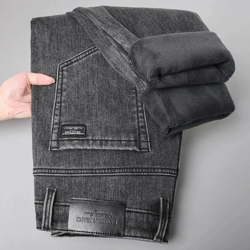 Simples Market Winter Warm Jeans for Men, dark denim, slim straight fit with elastic waistband and plush lining