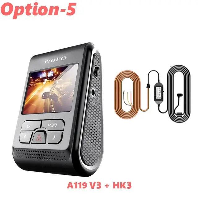 VIOFO A119 V3 2K dash cam with HK3 3-cable kit, compact black car DVR