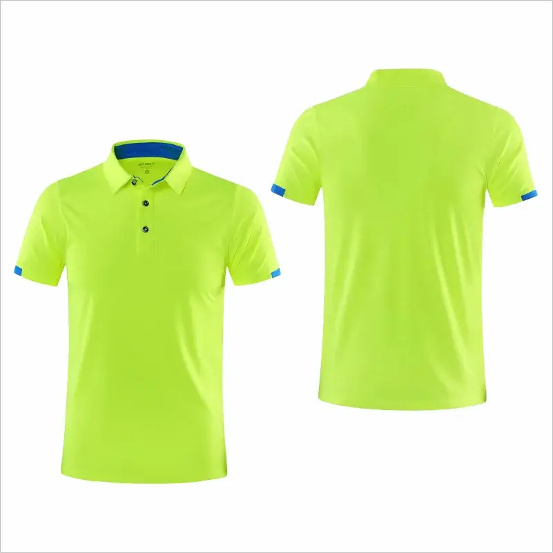 Polo shirts by Simples Market in neon lime quick-dry, short-sleeve with blue trim (front and back views)