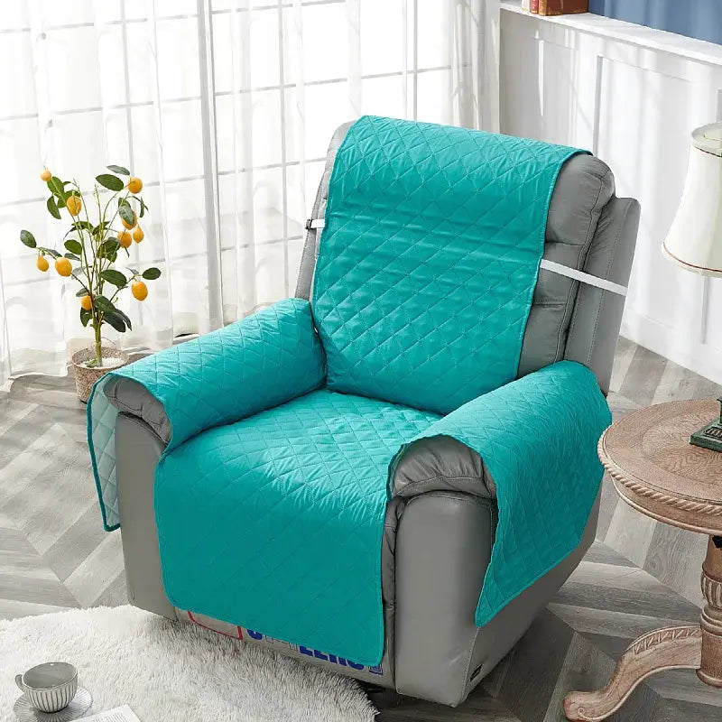 Anti-slip recliner chair cover in teal quilted solid color for living room, protecting armchair seat and arms