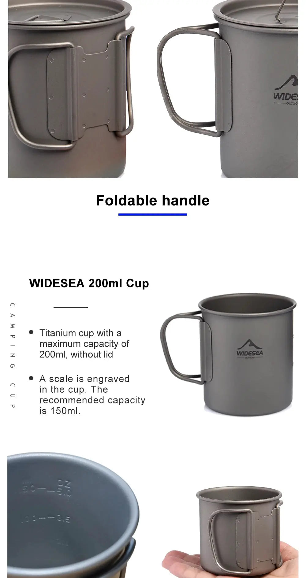Widesea titanium camping mugs (set of 2) with foldable handles, 200ml capacity.