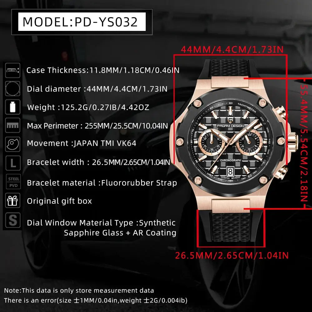Pagani Design PD-YSO32 men's watch with rose-gold case, black dial, fluororubber strap, chronograph, Simples Market