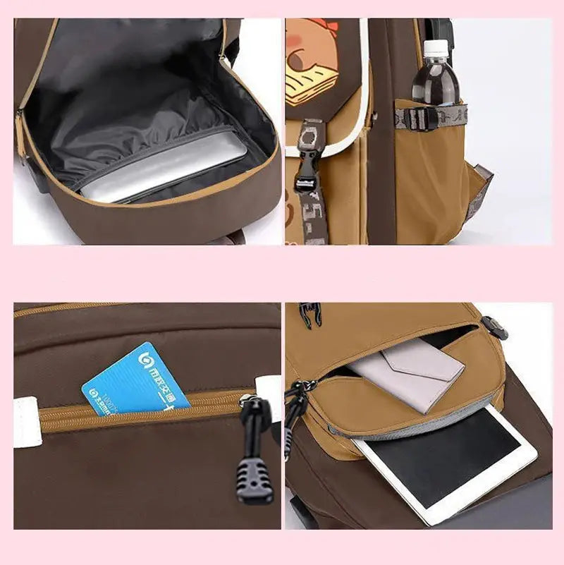 Kawaii Capybara khaki kid backpack by Simples Market; school daypack with front zip pocket and tablet sleeve.