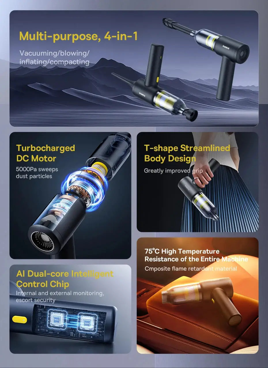Baseus cordless car vacuum cleaner and blower; handheld, multi-purpose 4-in-1 car cleaning tool