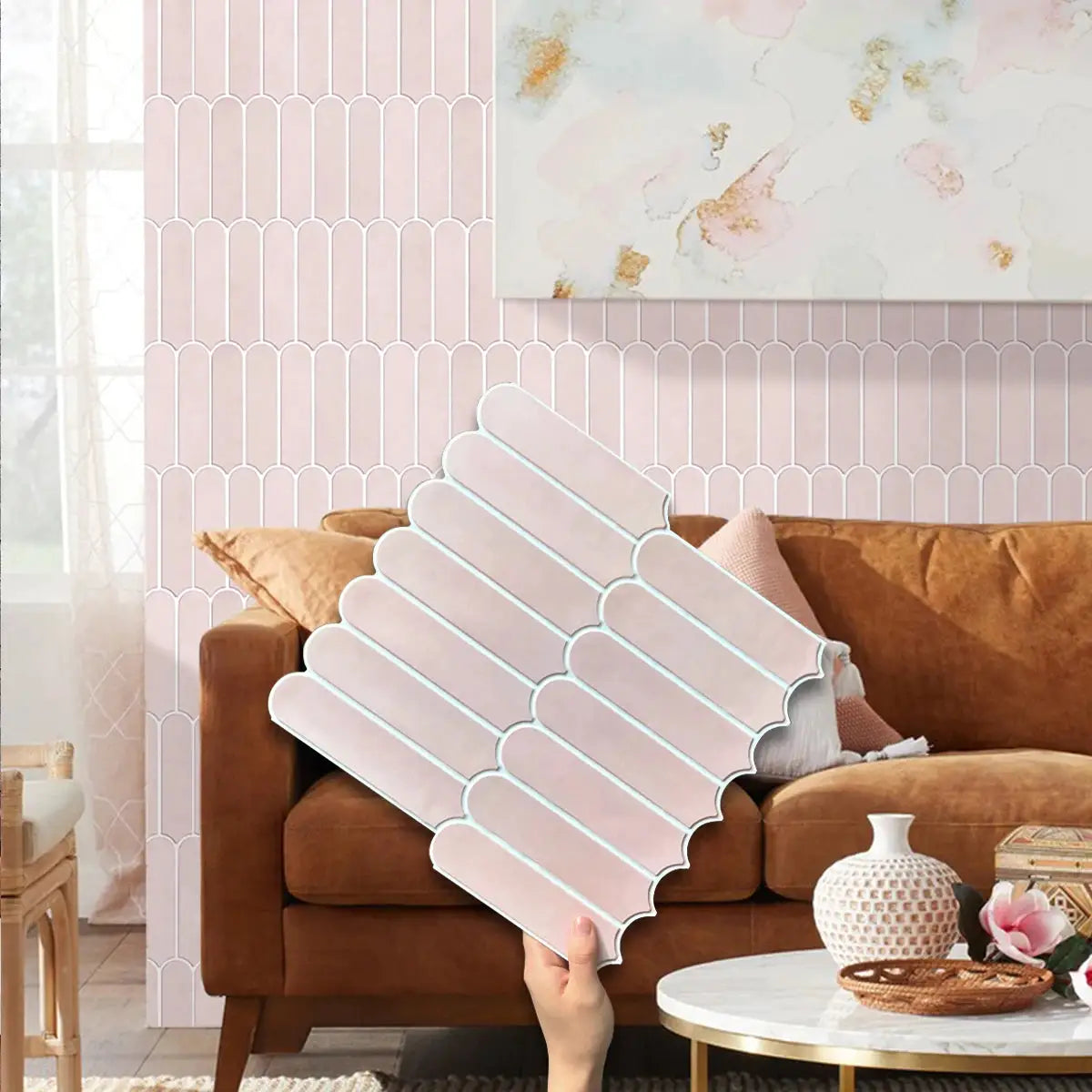 Simples Market 10-piece peel-and-stick wall sticker panels in pink with curved arch pattern for living room decor