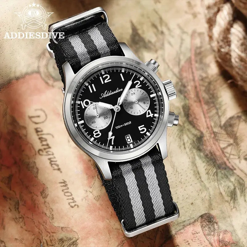 ADDIESDIVE men's chronograph watch with black dial, stainless steel case, and black-gray striped nylon NATO strap