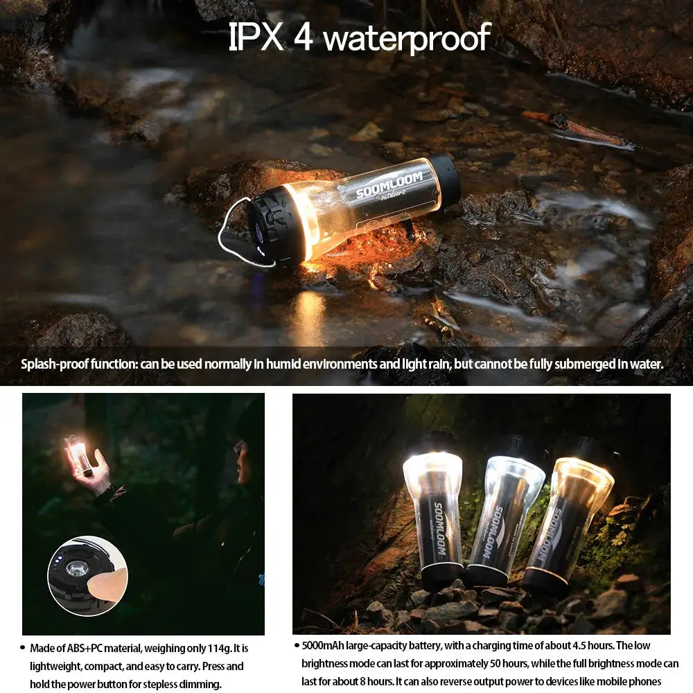 Soomloom camping lantern, 5000mAh rechargeable LED, IPX4 waterproof; shows 1 handheld and 3 standing lanterns.