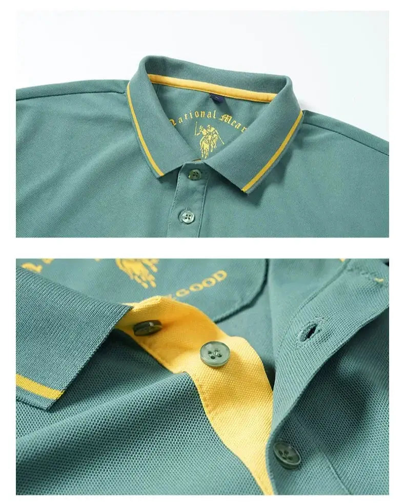 Men's teal polo shirt with yellow trim, lightweight fabric and embroidered detail, short sleeve