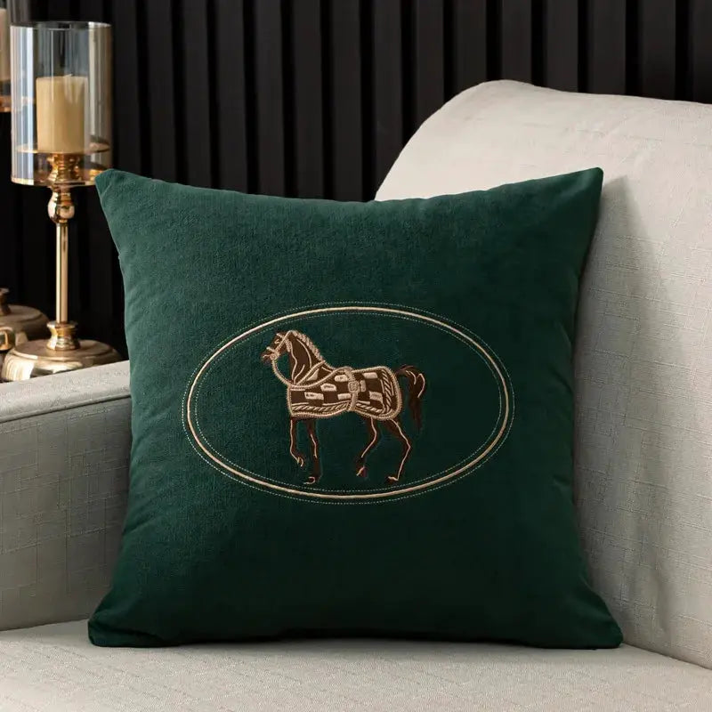 Cushion cover green 45x45 cm with hand-embroidered horse pattern inside oval