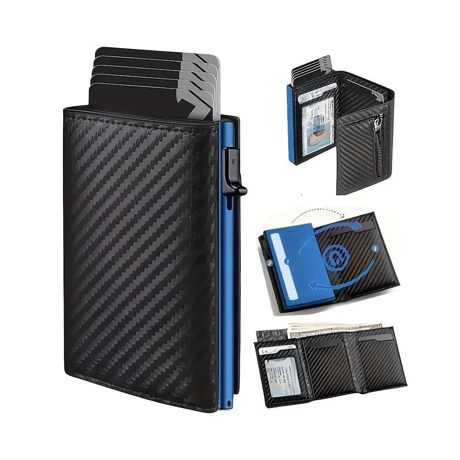 Unisex Minimalist Zipper Wallet With Coin Purse And Automatic Pop Up Metal Card Holder RFID Blocking