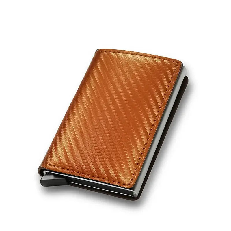 Anti-theft RFID card holder wallet by Simples Market in brown textured leather, minimalist slim design
