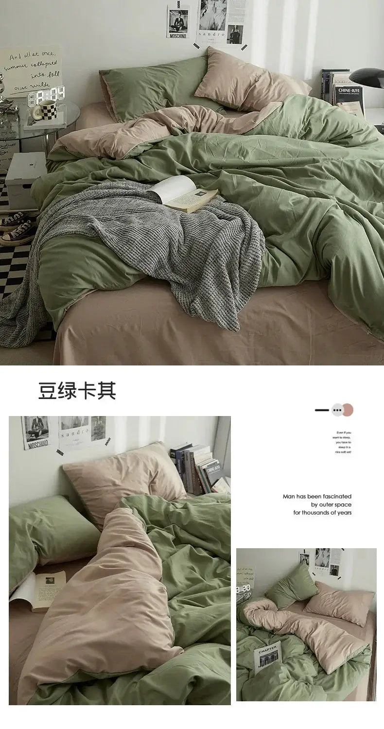 Simples Market 4-piece solid color double-washed cotton bedding set in sage green and beige