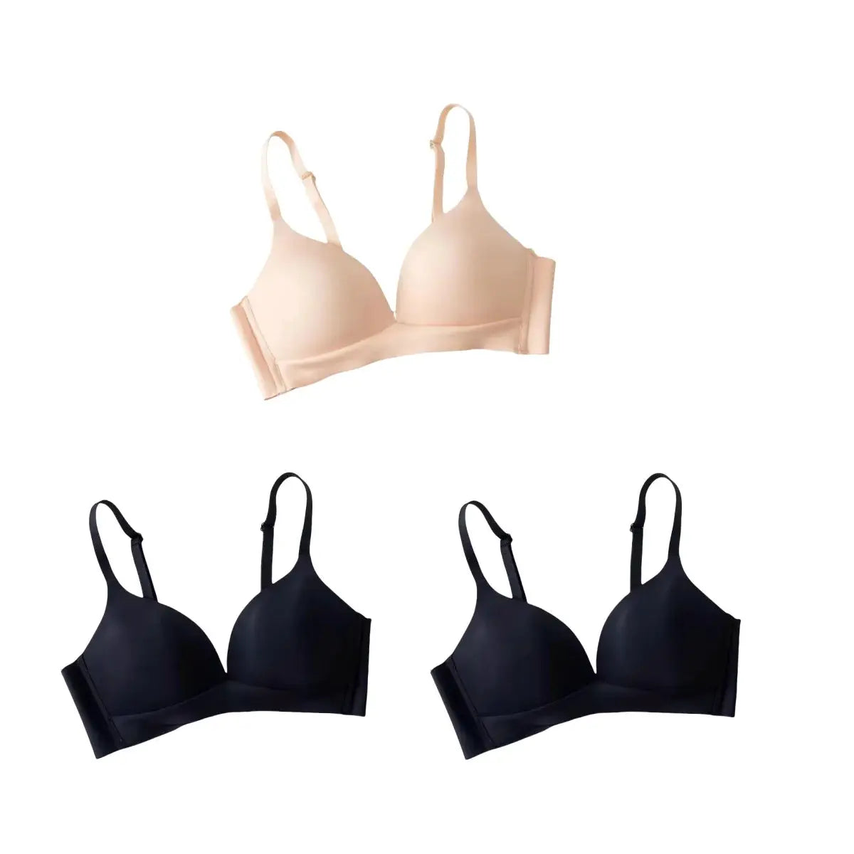 3-piece seamless bra set for women; one nude and two black, non-wire with glossy deep-V cups