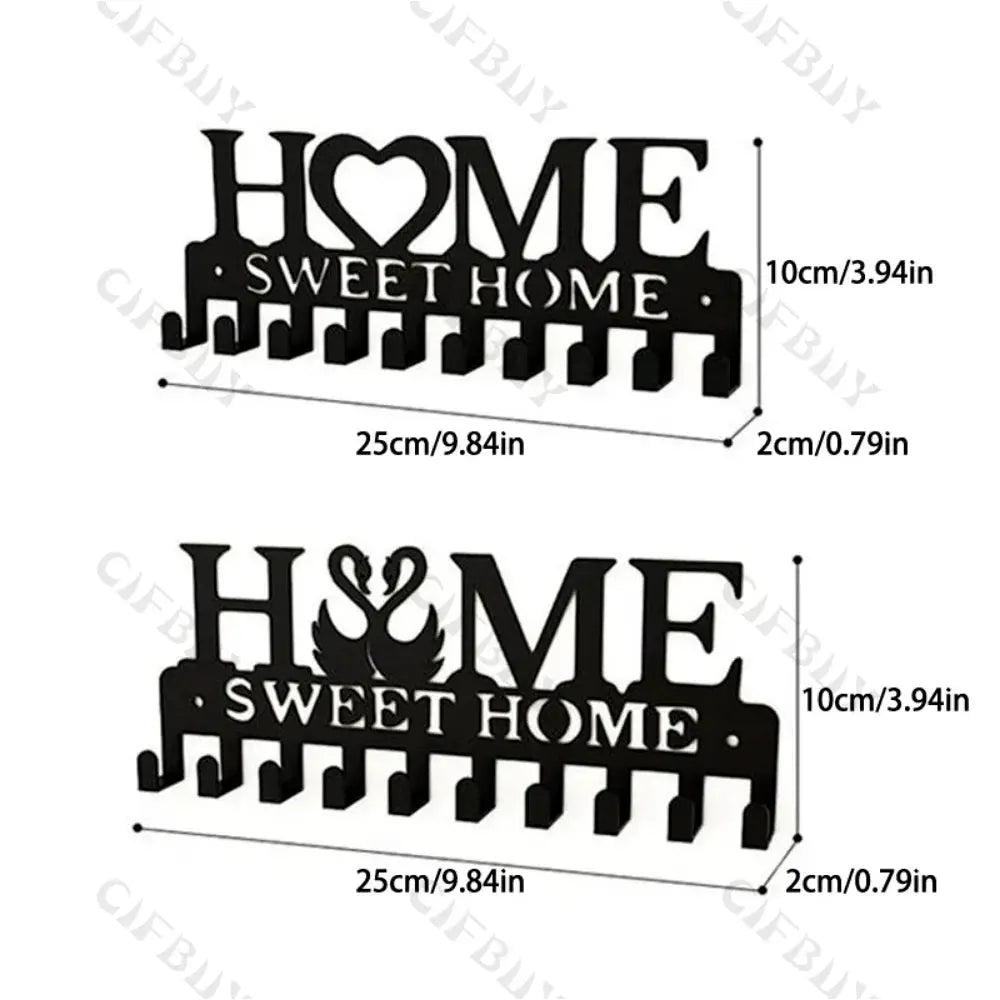 Simples Market metal wall hook key holder, black iron wall-mounted coat rack with HOME SWEET HOME design