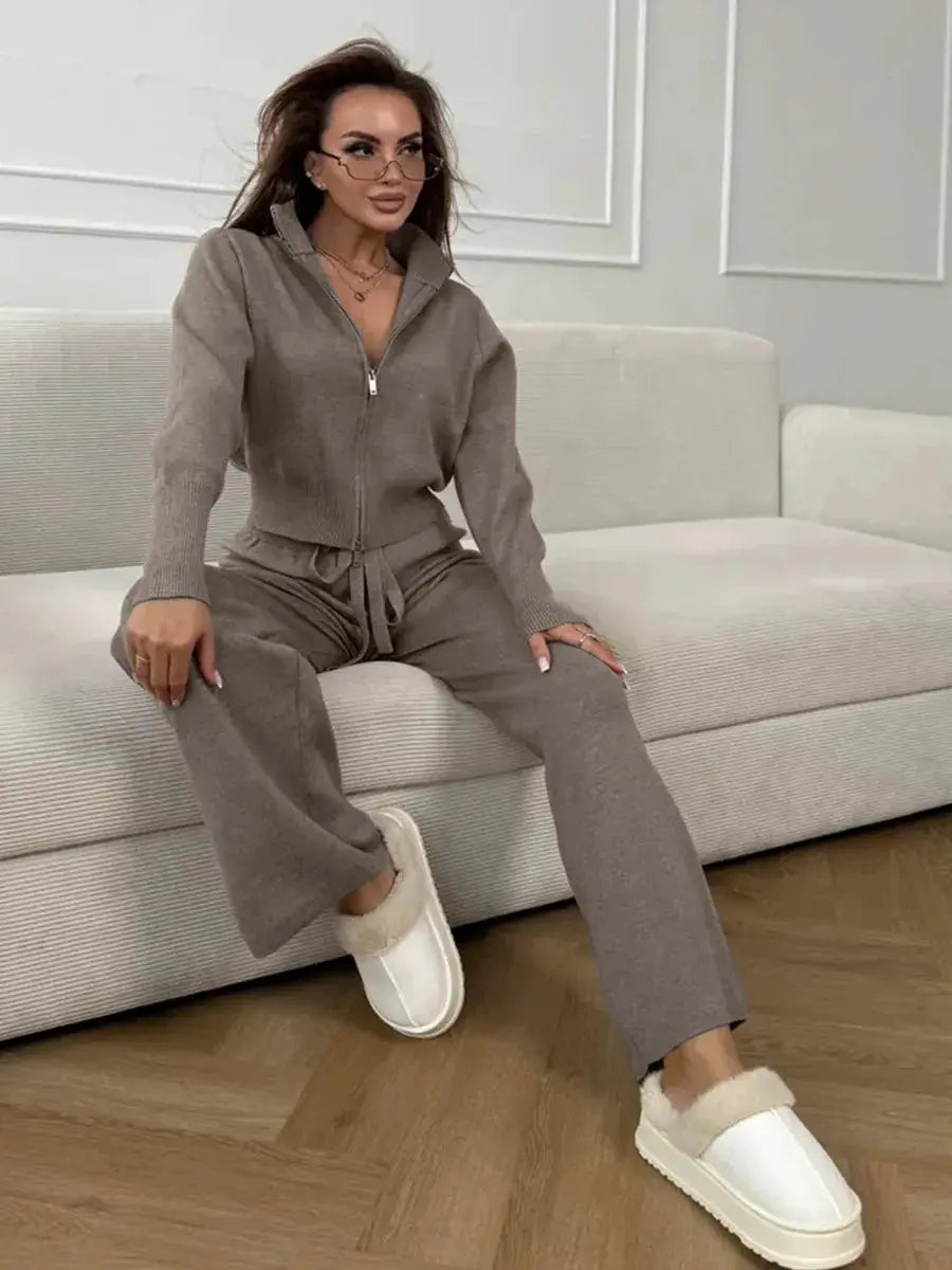 Bornladies Knit Zip Up Cropped Cardigan With Wide Leg Pants Set Women