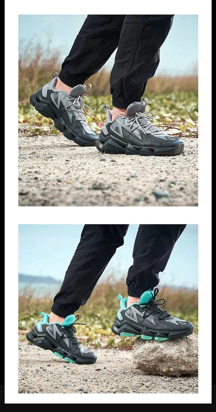Rax Men Waterproof Hiking Shoes by Simples Market; gray and teal colorways, rugged breathable hiking sneakers.
