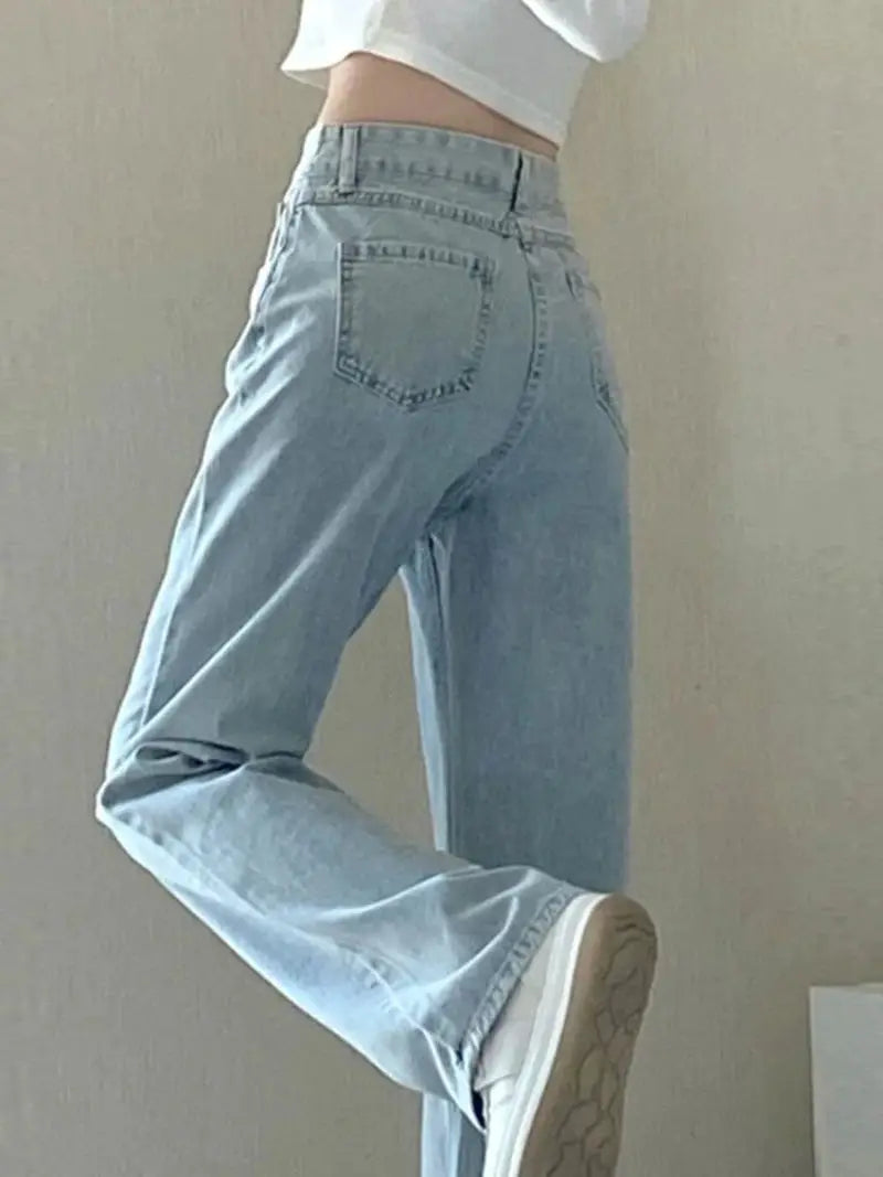 New Design Sense Womens Loose Denim Pants Retro Straight Leg Jeans