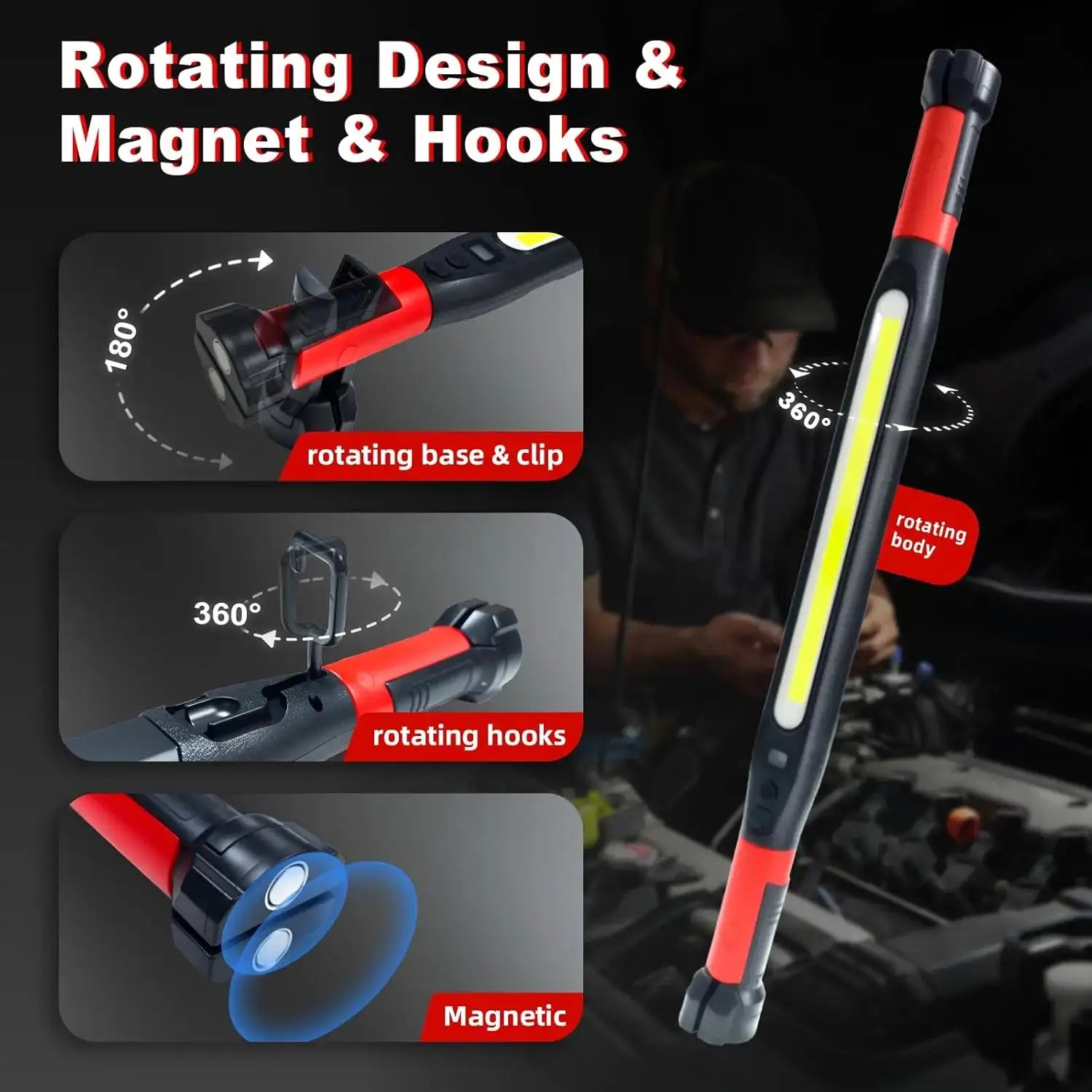 KDULIT LED Magnetic Work Light Rechargeable Underhood Lamp With Hooks Rotating Base For Car Repairing Emergency