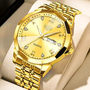 LIGE gold-tone women's luxury quartz wristwatch with day-date display