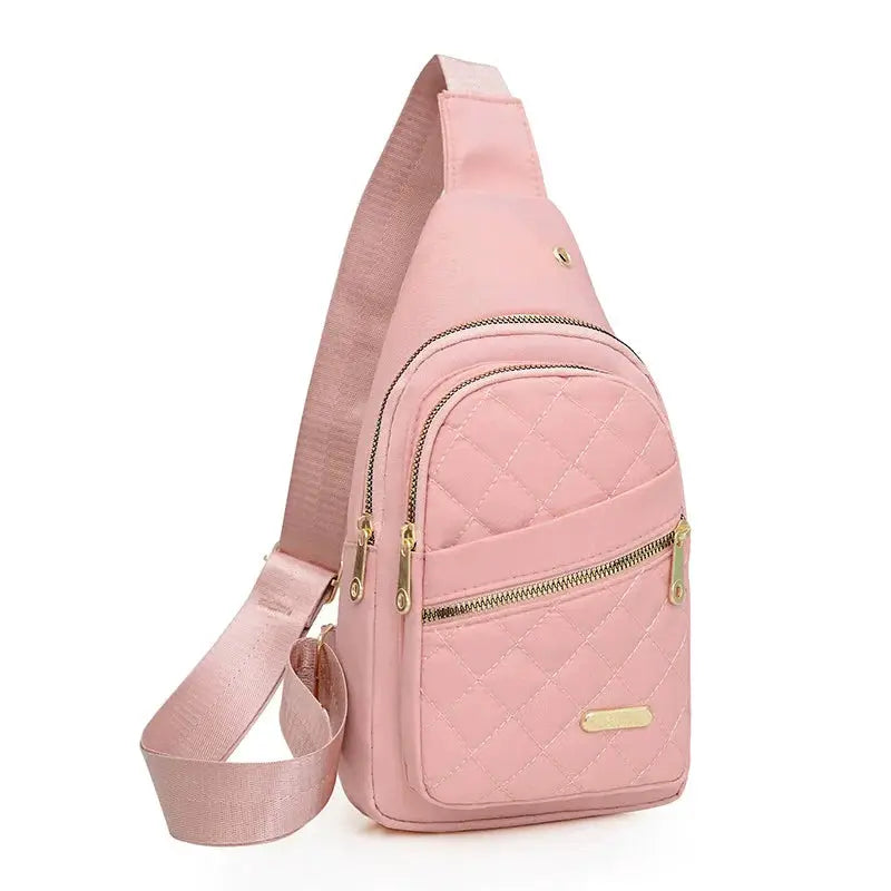 Simples Market pink quilted chest bag backpack with dual front zip pockets and gold hardware