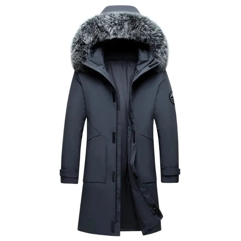 Men's navy duck-down parka with fur-trimmed hood, multi-pocket Simples Market LZLLTT windproof coat.