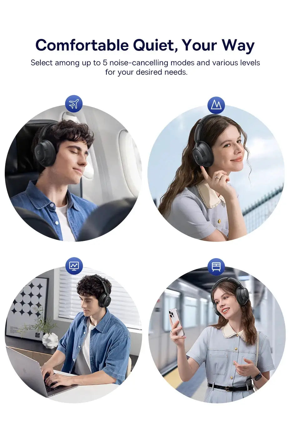 Baseus EH10 wireless over-ear headphones in black; four people shown wearing them in different settings.
