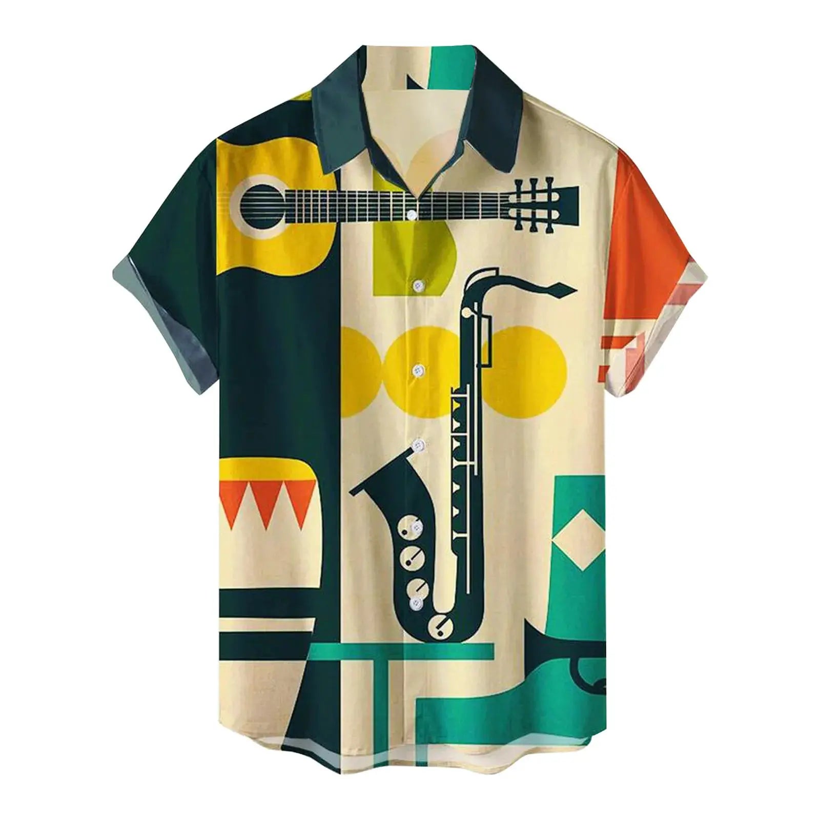Hawaiian short-sleeve shirt; multi-color tropical print with guitar and saxophone motifs.