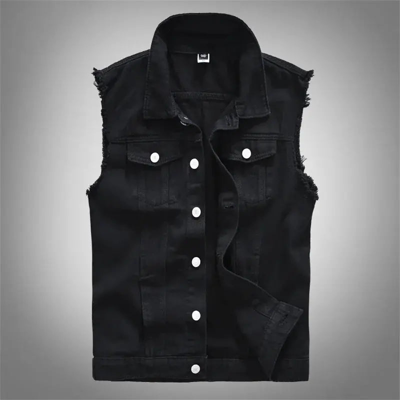 Men's black denim sleeveless vest with distressed edges, two chest pockets, and silver button front.