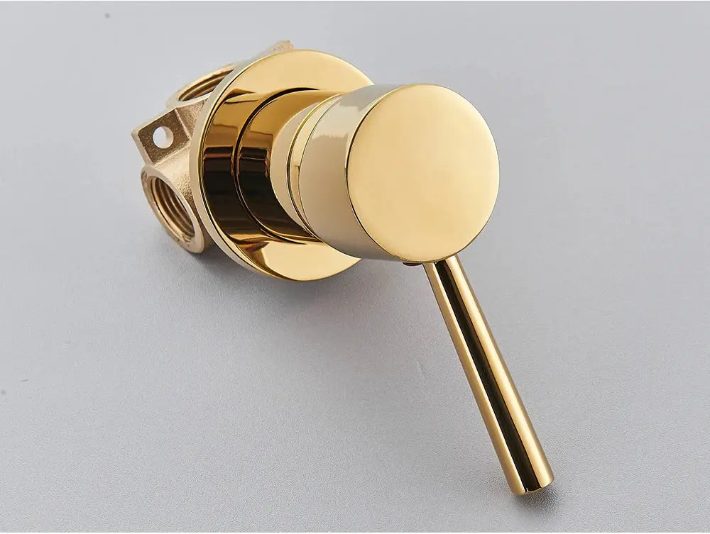 Brass bathroom mixer valve handle with gold finish and threaded mount