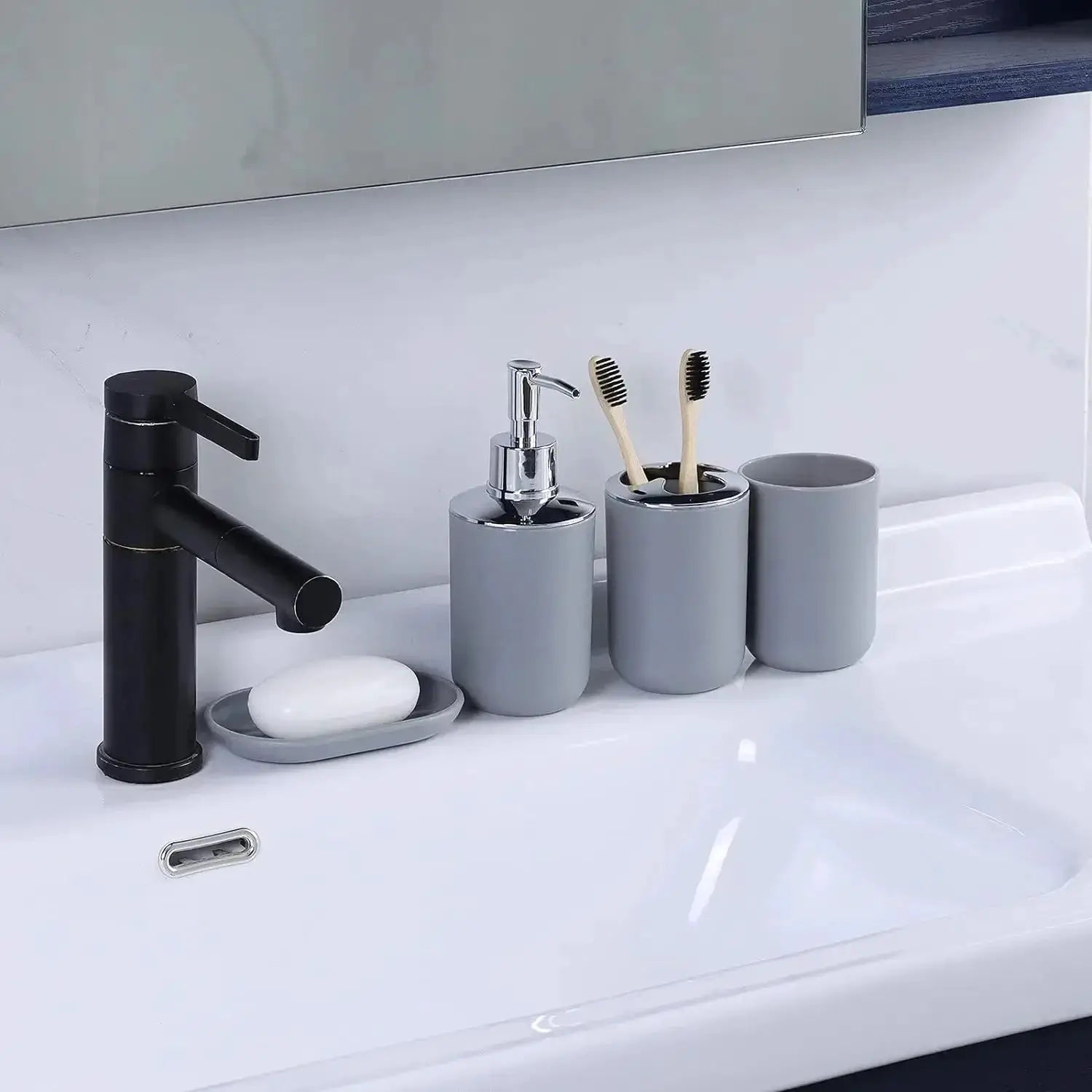 4-piece gray plastic bathroom set: soap dispenser, toothbrush holder, toothbrush cup and soap dish