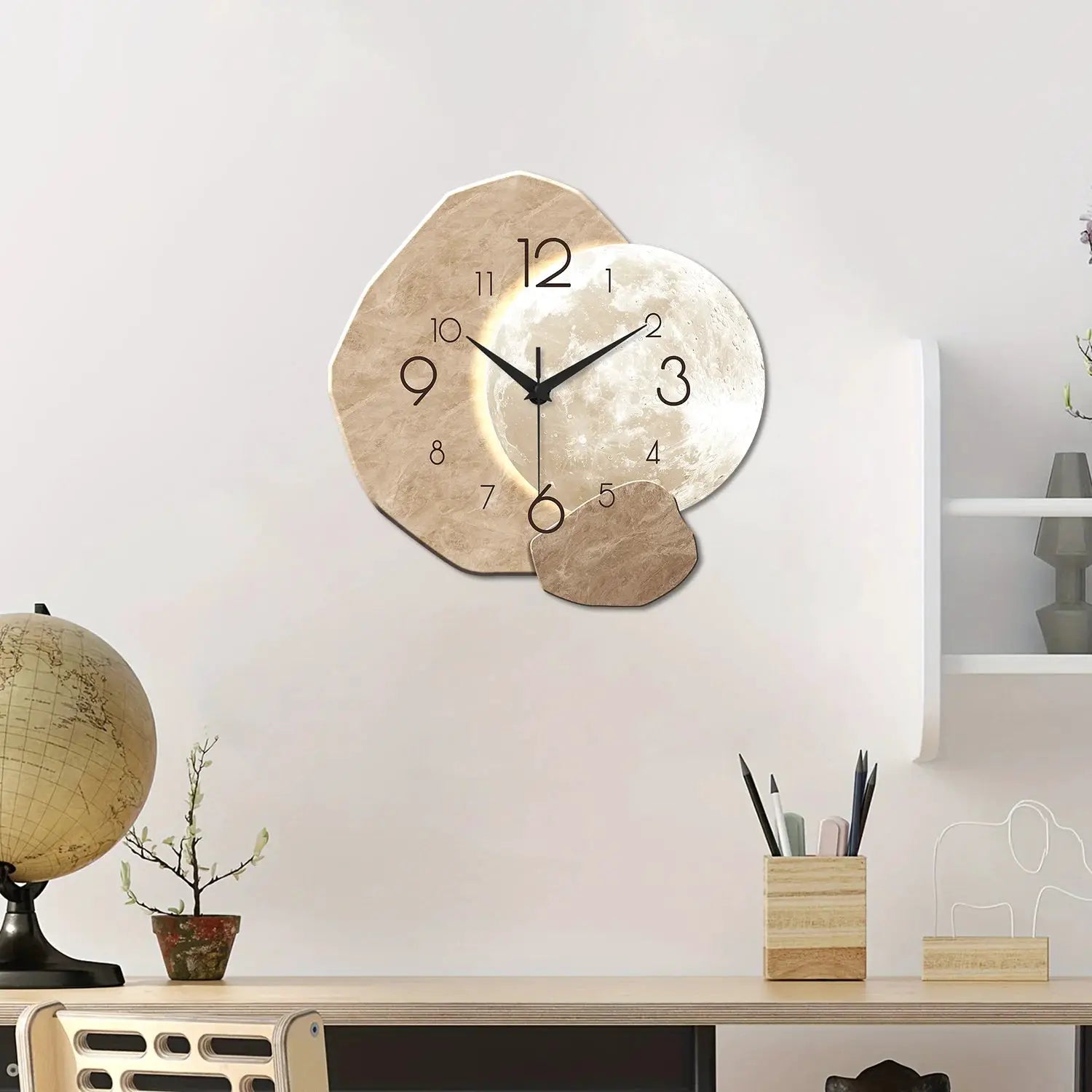 Moon-design wall clock with wooden panels and black hands, quartz movement