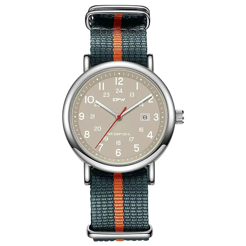 Field watch with beige dial, 24-hour display, date window, stainless steel case, blue-green fabric strap
