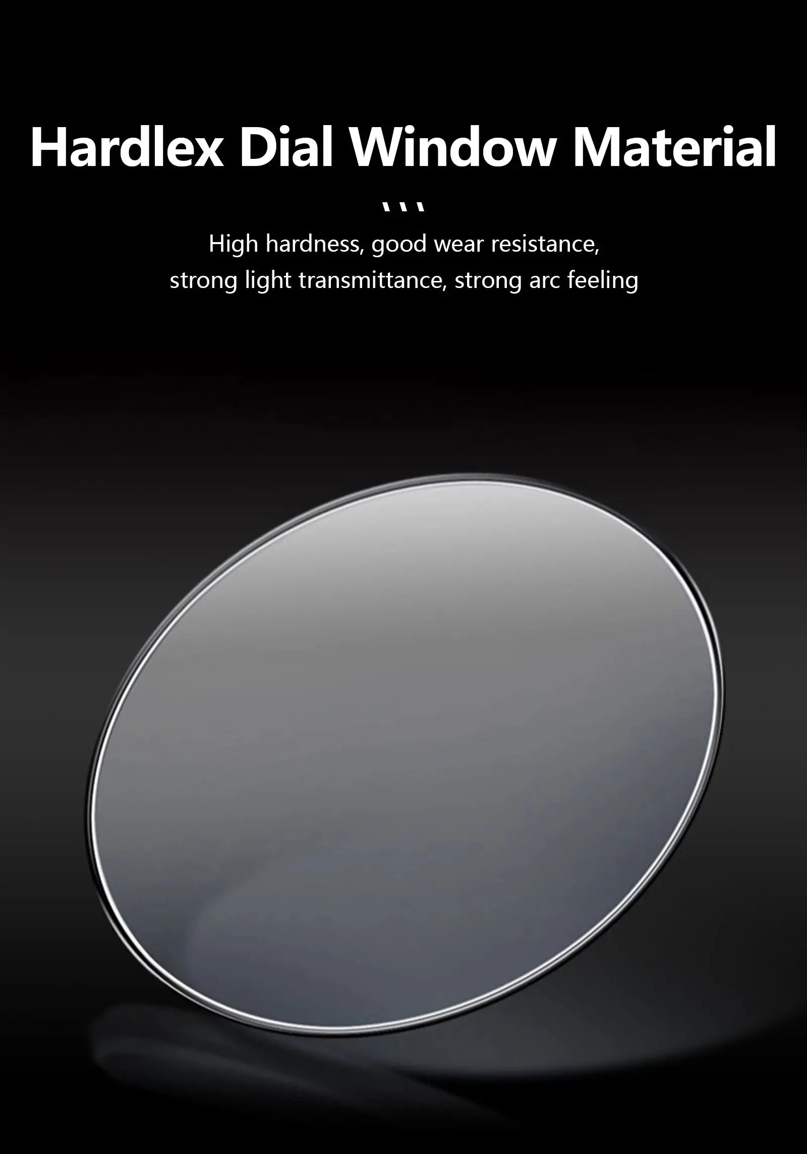 Watch dial close-up with silver bezel and gray face, showing Hardlex Dial Window Material on black background