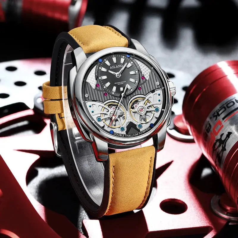 AILANG automatic mechanical double tourbillon men's watch with tan leather strap and skeleton dial