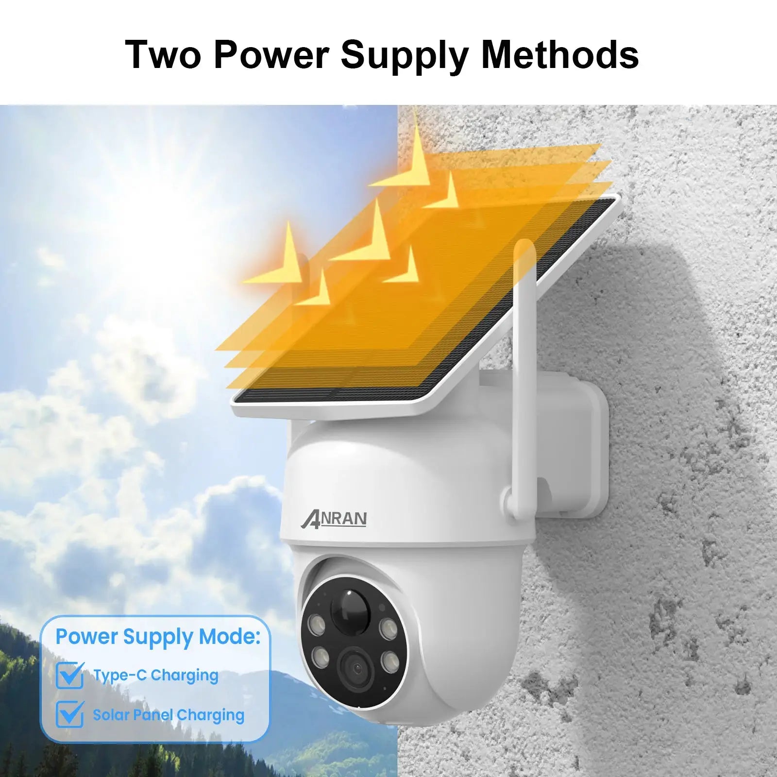 ANRAN solar security camera with wall mount and solar panel, 2K 3/5MP, 2.4G Wi-Fi, PIR humanoid detection.