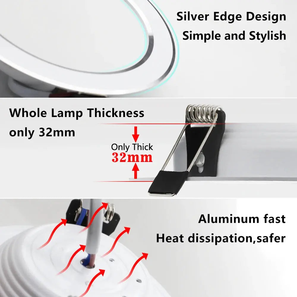 10Pcs LED downlight kit, 220V recessed round ceiling lights with silver edge design