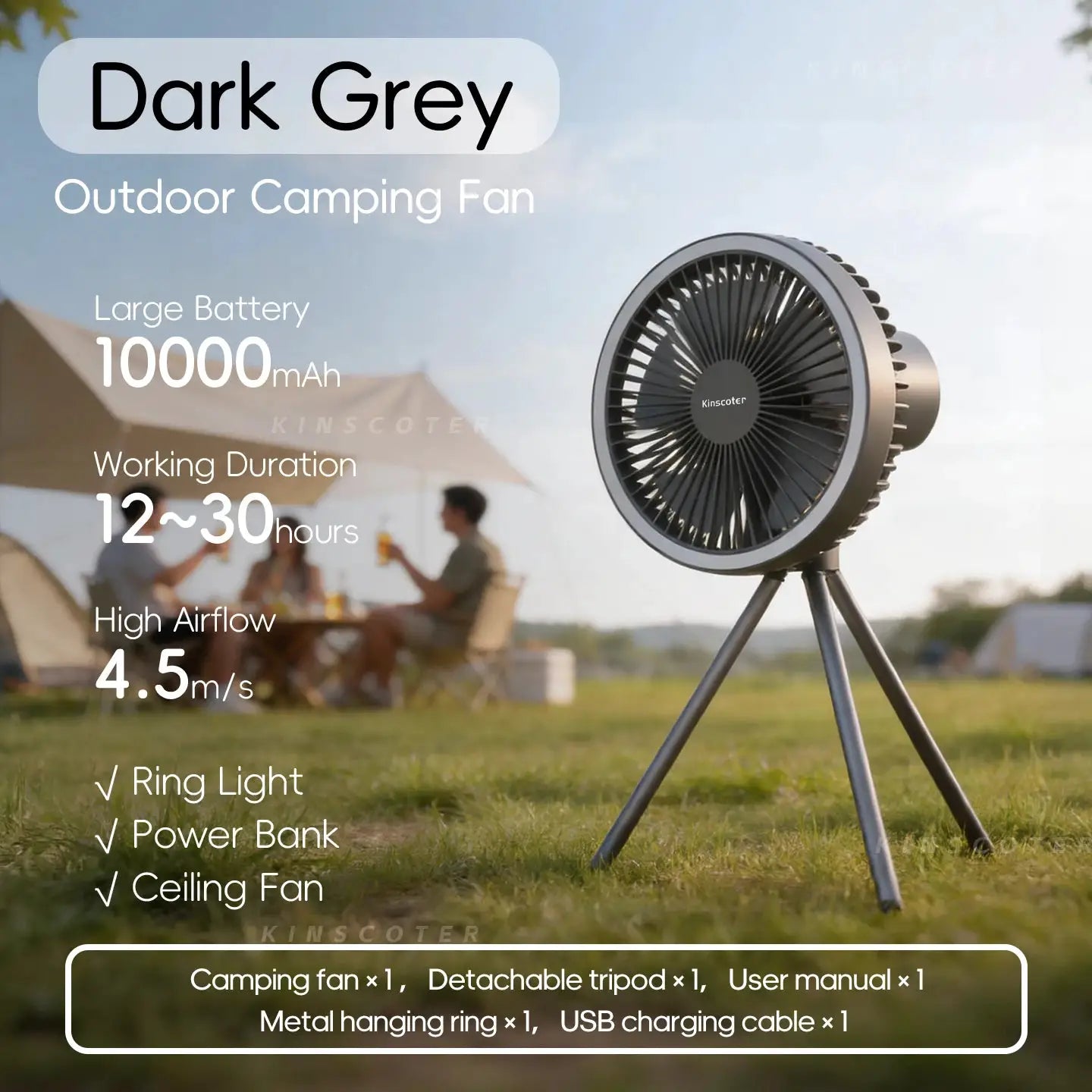 Camping fan dark grey by Simples Market on tripod with built-in power bank and LED light