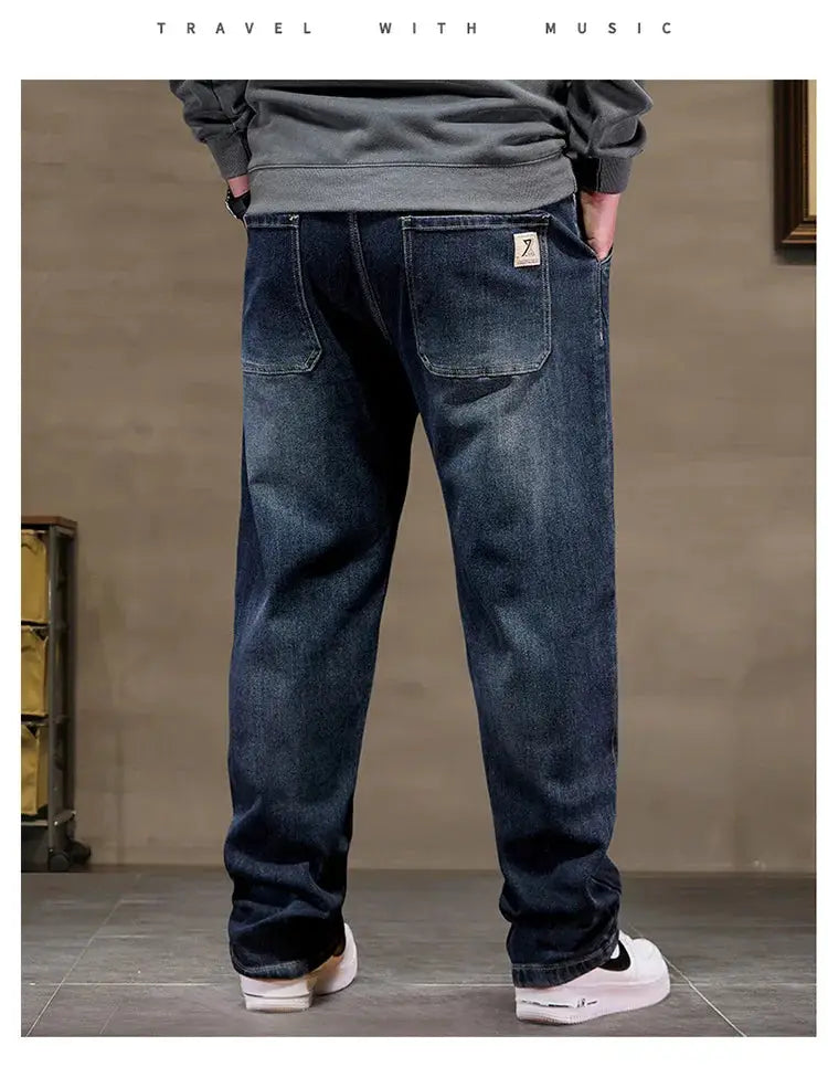 Simples Market extra big men’s jeans, dark denim baggy fit with high elastic waist and back pockets.