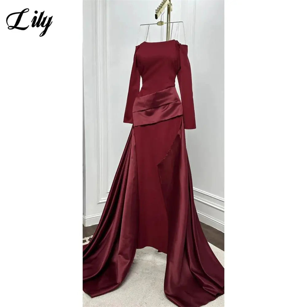 Lily Burgundy Satin Mermaid Prom Dress With High Neck Sleeves Dubai