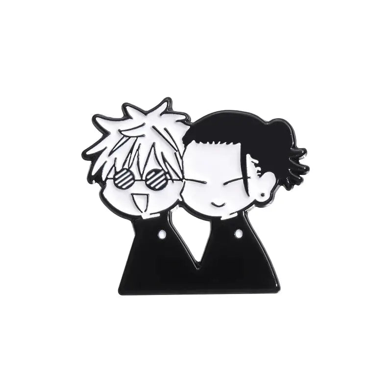 Cartoon anime enamel pin featuring two characters in black-and-white on a triangular base