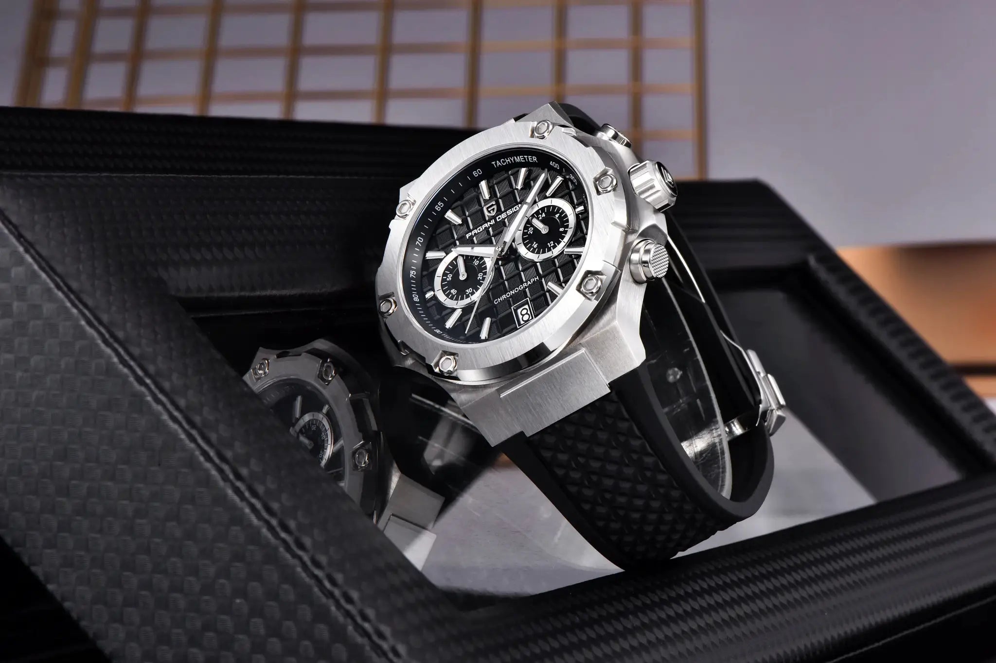 PAGANI DESIGN men's chronograph watch with stainless steel case, black dial with three subdials, fluororubber strap