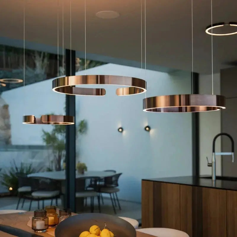 Modern ring ceiling chandeliers; rose-gold copper metal rings with LED illumination (3-ring set)
